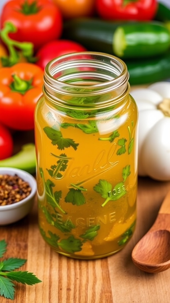 Homemade Italian dressing marinade in a jar, surrounded by fresh vegetables and herbs.